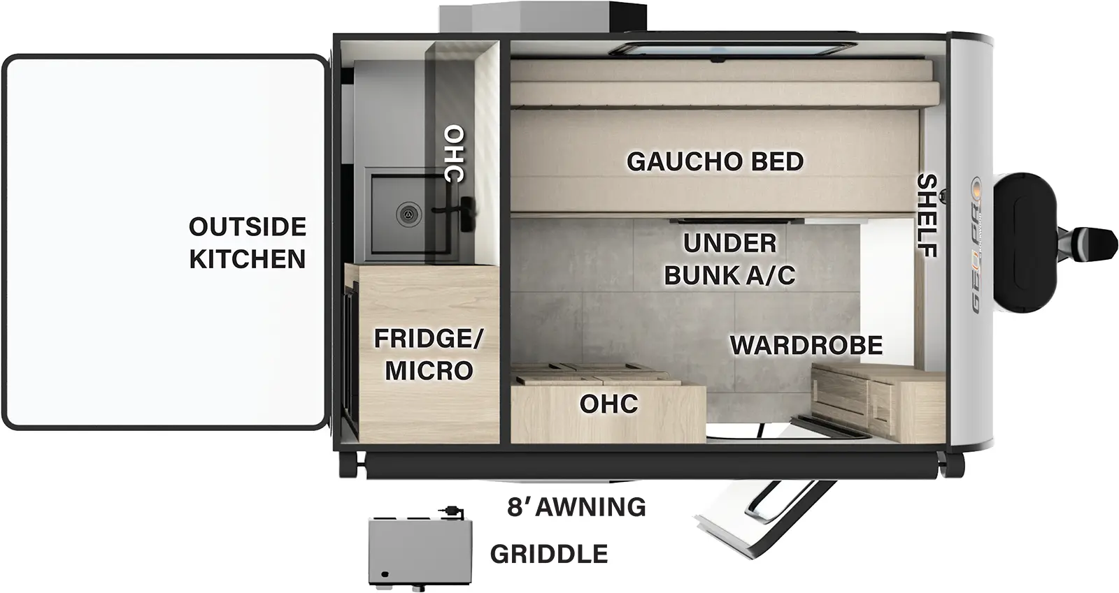 The Rockwood Geo Pro  G12SA has one entry and zero slide outs. Exterior features include: fiberglass exterior, 8' awning and outside kitchen. 